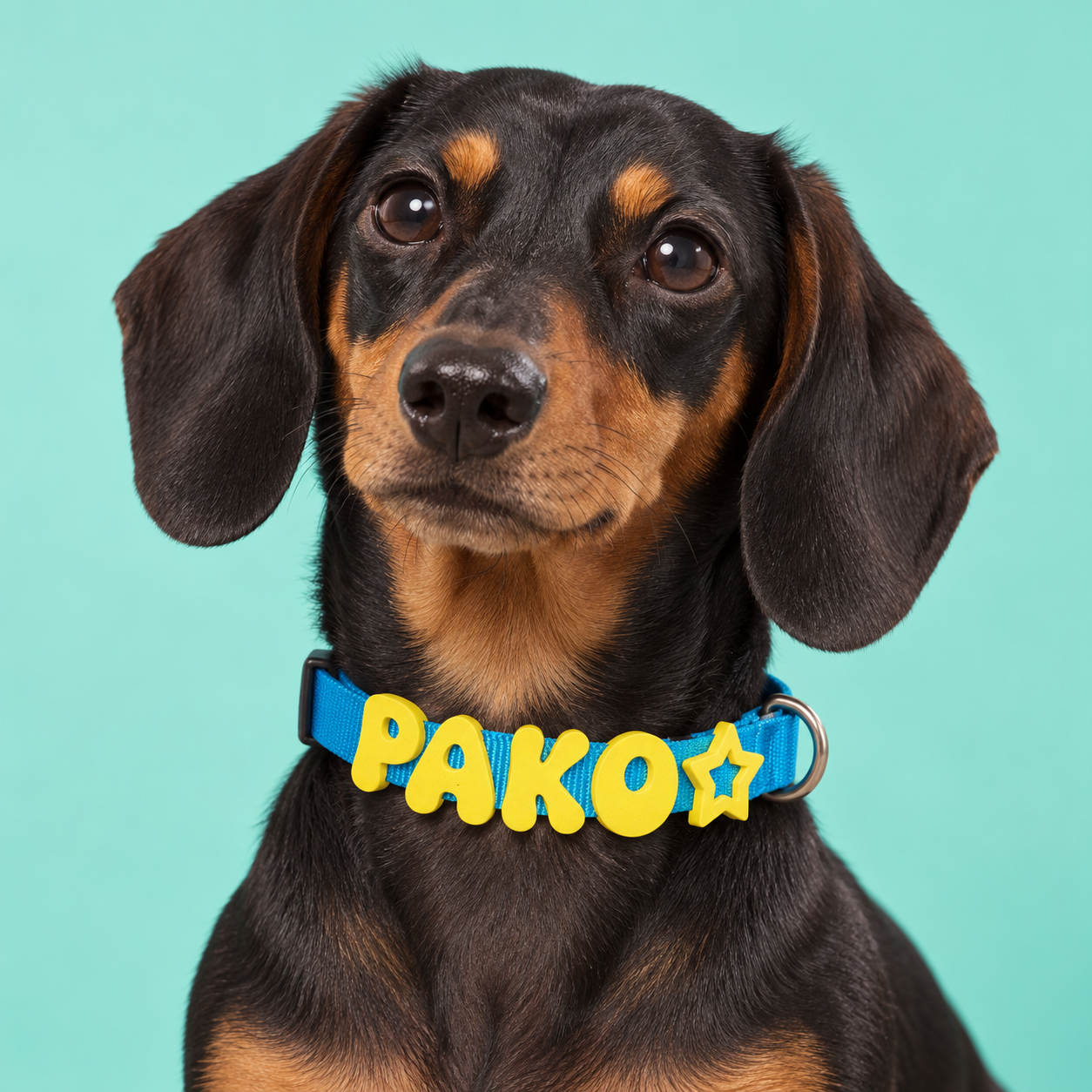 PAKO con collar azul, letras amarillas y una estrella